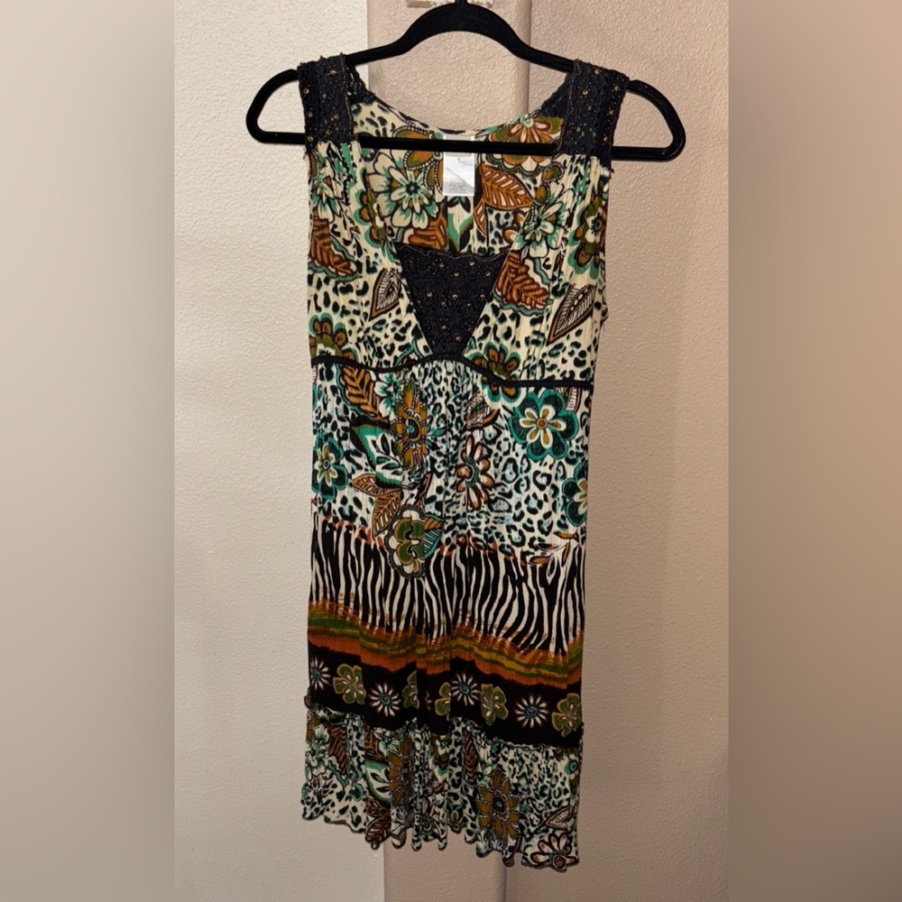 Forbidden multicolor floral animal print beaded tank dress size Medium